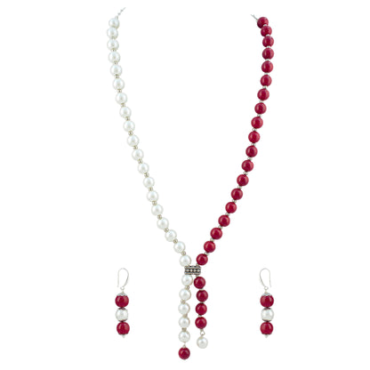 JFL - Jewellery for Less Pearl and Red Bead Asymmetric Necklace Set with Drop Earrings for Women | Oxidized Silver Accent Traditional Ethnic Jewellery | Navratri Festive