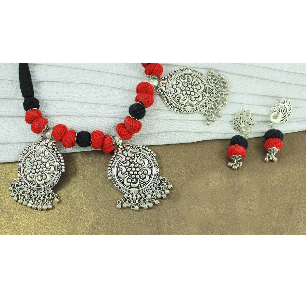 JFL‑Jewellery for Less Red & Black Thread Beaded Jewellery Set – Necklace, Earrings & Bracelet with Oxidised Silver Circular Floral Pendants & Dangling Charms– Women & Girls – Navratri, Garba