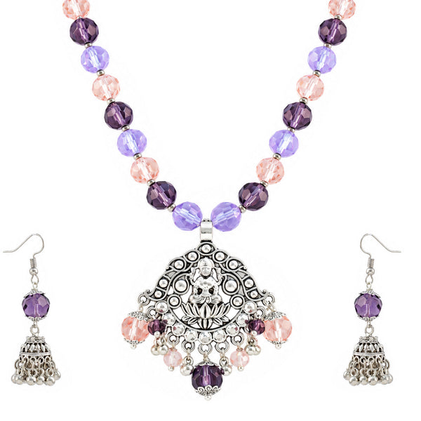 JFL - Jewellery for Less Oxidized Silver Lakshmi Pendant Beaded Necklace Earrings with Bracelet Set – Purple Lavender Peach Crystal Beads Jhumka Earring Jewellery Set for Women & Girls