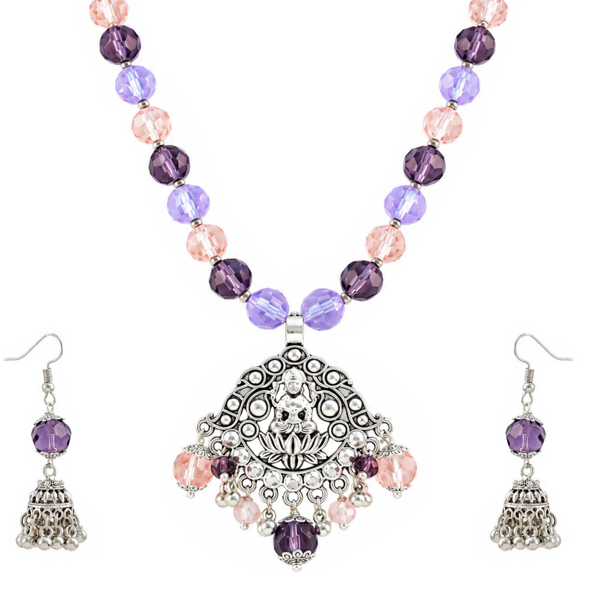 JFL - Jewellery for Less Oxidized Silver Lakshmi Pendant Beaded Necklace Earrings Set – Purple Lavender Peach Crystal Beads Jhumka Earring Jewellery Set for Women & Girls