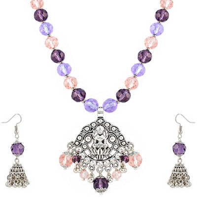 JFL - Jewellery for Less Oxidized Silver Lakshmi Pendant Beaded Necklace Earrings Set – Purple Lavender Peach Crystal Beads Jhumka Earring Jewellery Set for Women & Girls