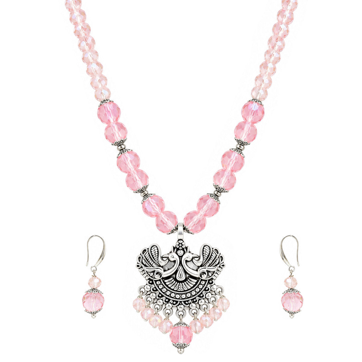 JFL - Jewellery for Less Oxidized German Silver Twin Peacock Pendant Pink Crystal Beads Necklace with Earrings Set for Women | Antique Silver Design Jewellery Set | Navratri Special Traditional Jewellery