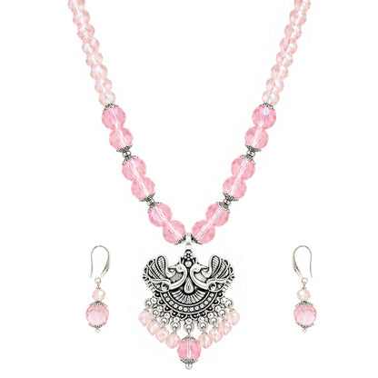 JFL - Jewellery for Less Oxidized German Silver Twin Peacock Pendant Pink Crystal Beads Necklace with Earrings Set for Women | Antique Silver Design Jewellery Set | Navratri Special Traditional Jewellery