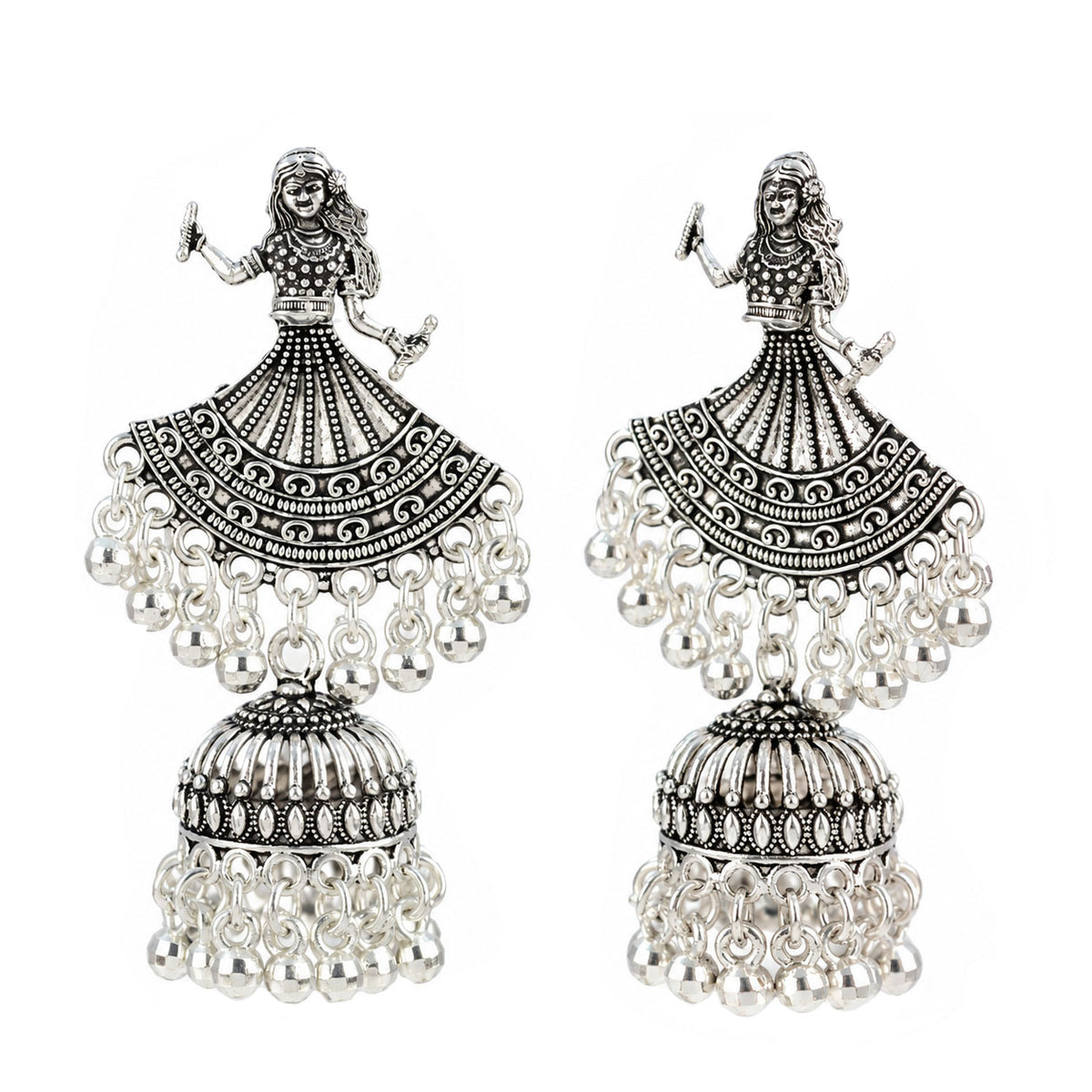 Oxidized Silver-Toned Dancing Lady Jhumki Earrings – Antique Finish Garba Dandiya Earrings with Ghungroo Drops for Women & Girls | Navratri Special