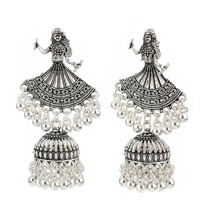 Oxidized Silver-Toned Dancing Lady Jhumki Earrings – Antique Finish Garba Dandiya Earrings with Ghungroo Drops for Women & Girls | Navratri Special