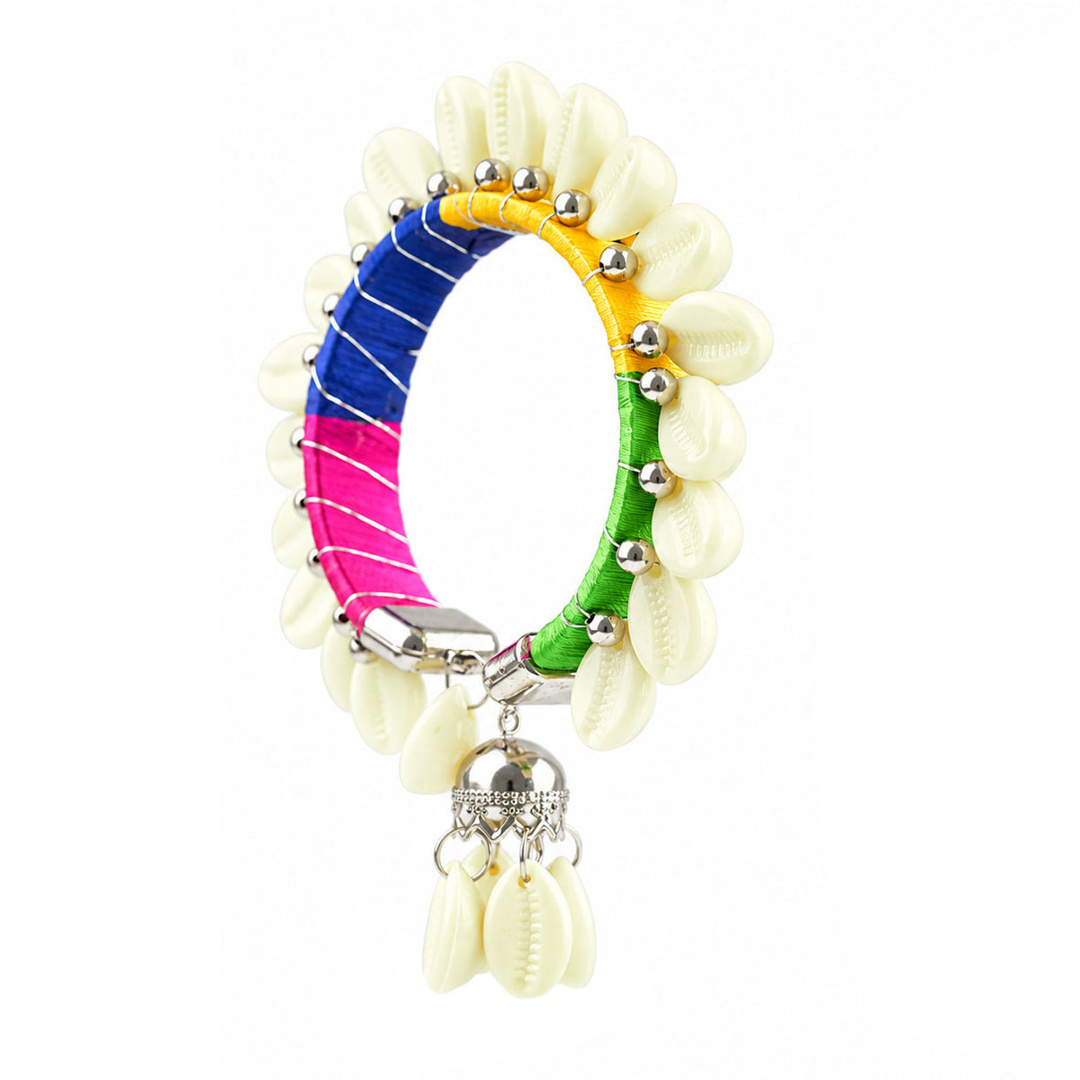 Handmade Cowrie Shell Bracelet for Women – Multicolor Thread Wrapped Boho Kada with Shell Dangler Charm | Navratri Special Ethnic Jewellery