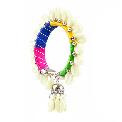 Handmade Cowrie Shell Bracelet for Women – Multicolor Thread Wrapped Boho Kada with Shell Dangler Charm | Navratri Special Ethnic Jewellery