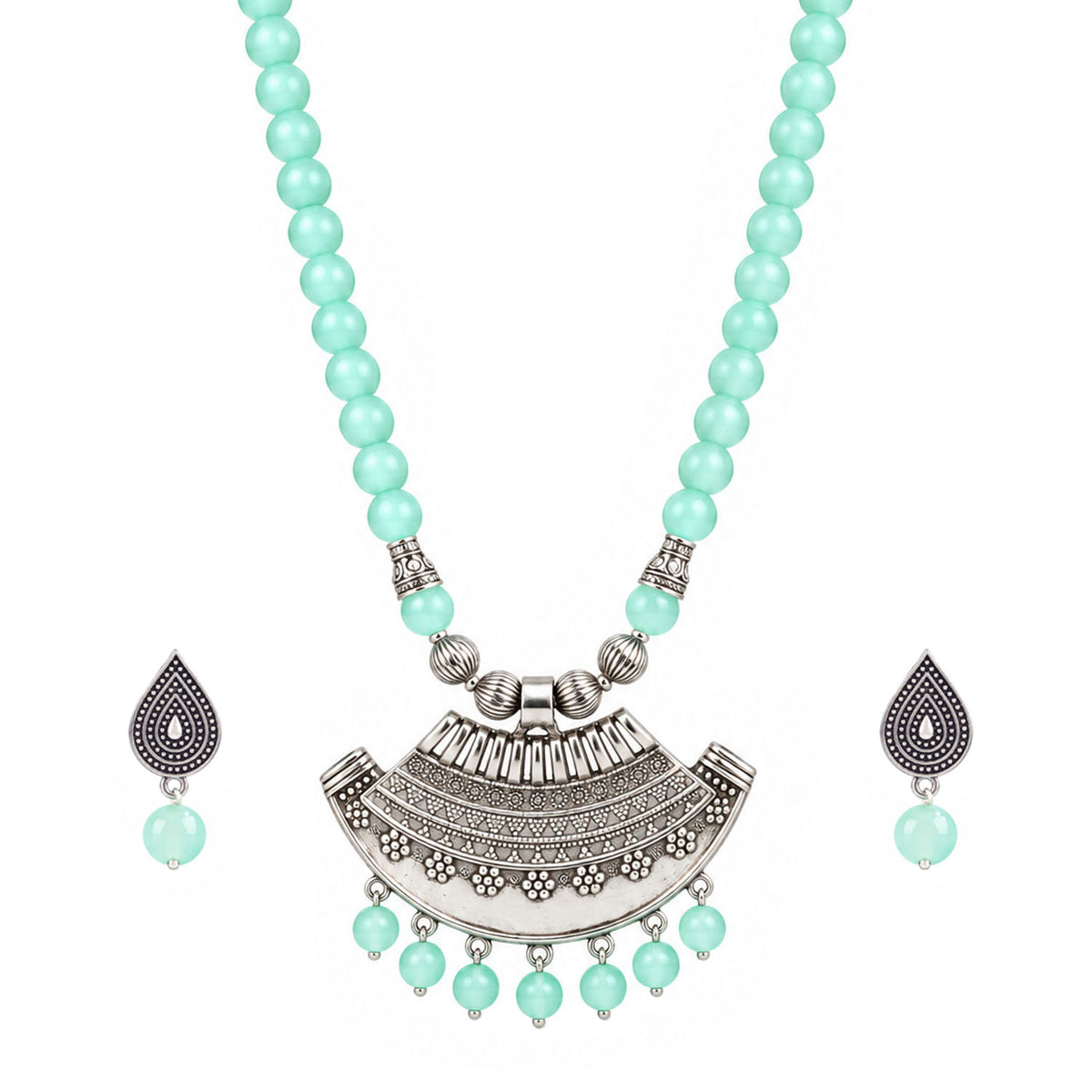 Oxidized German Silver Half Moon Pendant Necklace with Sea Green Beads and Matching Earrings & Bracelet – Navratri Special Traditional Jewellery Set for Women