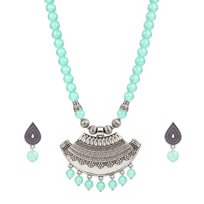 Oxidized German Silver Half Moon Pendant Necklace with Sea Green Beads and Matching Earrings & Bracelet – Navratri Special Traditional Jewellery Set for Women
