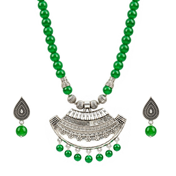 Oxidized German Silver Half Moon Pendant Necklace with Green Beads and Matching Earrings – Navratri Special Traditional Jewellery Set for Women