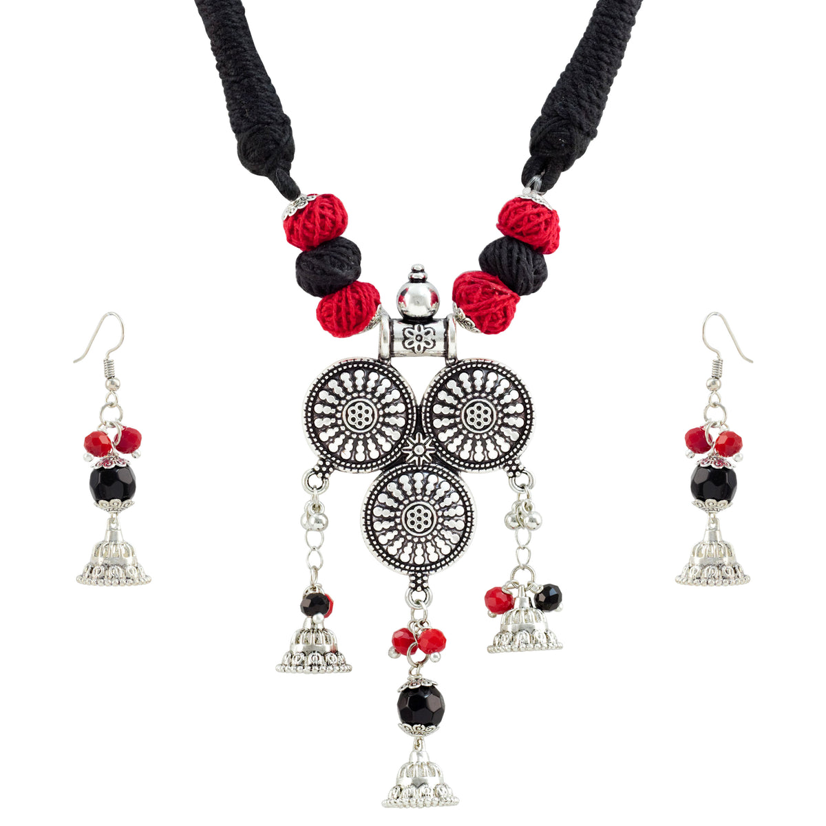 JFL - Jewellery for Less Oxidized Silver Afghani Necklace Set with Red & Black Thread Beads – Tribal Boho Jhumka Earrings – Navratri Traditional Jewellery for Women & Girls