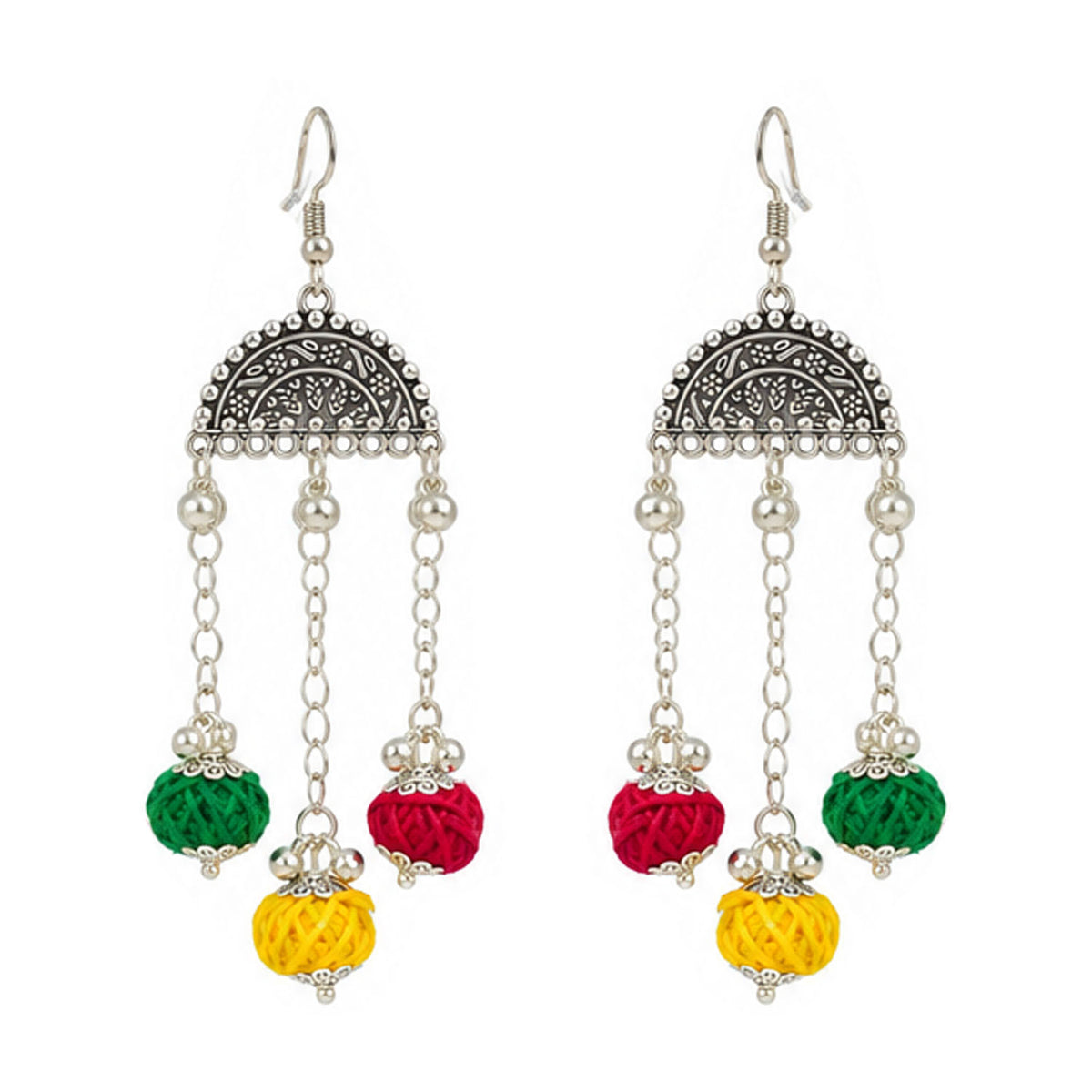 Oxidized German Silver Multicolor Thread Ball Necklace with Earrings – Ethnic Wire Collar Jewellery Set for Women, Navratri Special