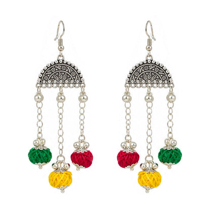 Oxidized German Silver Multicolor Thread Ball Necklace with Earrings – Ethnic Wire Collar Jewellery Set for Women, Navratri Special