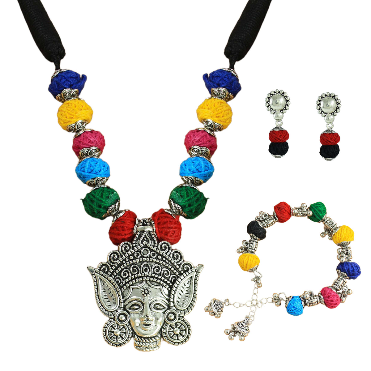 JFL-Jewellery for Less Multicolour Cotton Thread Jewellery Set–Necklace,Earrings & Bracelet with Oxidised Silver Ornate Face Pendant, Matching Beadwork & Dangling Charms––Navratri, Garba