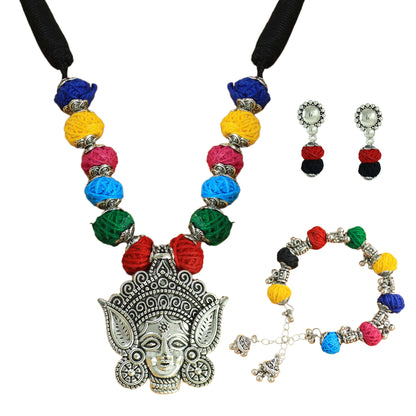 JFL-Jewellery for Less Multicolour Cotton Thread Jewellery Set–Necklace,Earrings & Bracelet with Oxidised Silver Ornate Face Pendant, Matching Beadwork & Dangling Charms––Navratri, Garba