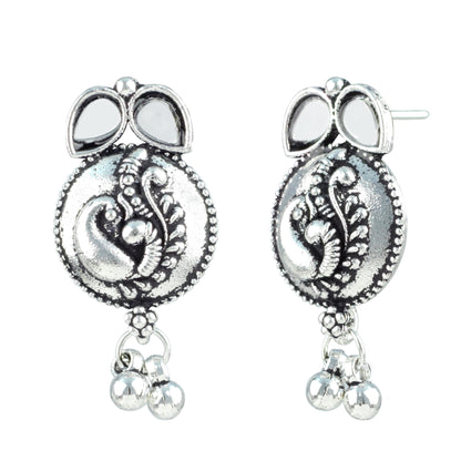 JFL - Jewellery for Less Oxidized German Silver Necklace Set with Mirror Stone Drops – Peacock Design Antique Silver Choker Jewellery Set for Women & Girls, Traditional Ethnic Wear