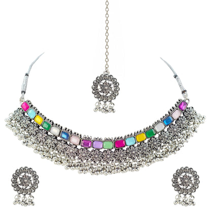 JFL - Jewellery for Less Oxidized German Silver Choker Necklace Set with Earrings and Bracelet – Heavy Floral Multicolor Stone Jewellery Set for Women & Girls, Traditional Bridal Ethnic Combo