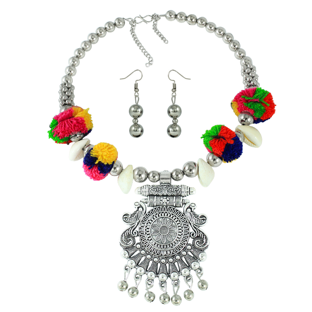 JFL - Jewellery for Less Oxidised Pendant Necklace Bracelet Earrings Set with Pom‑Pom, Shell & Elephant Charm – Traditional Jewellery Combo for Women & Girls – Navratri, Garba, Wedding & Party Use