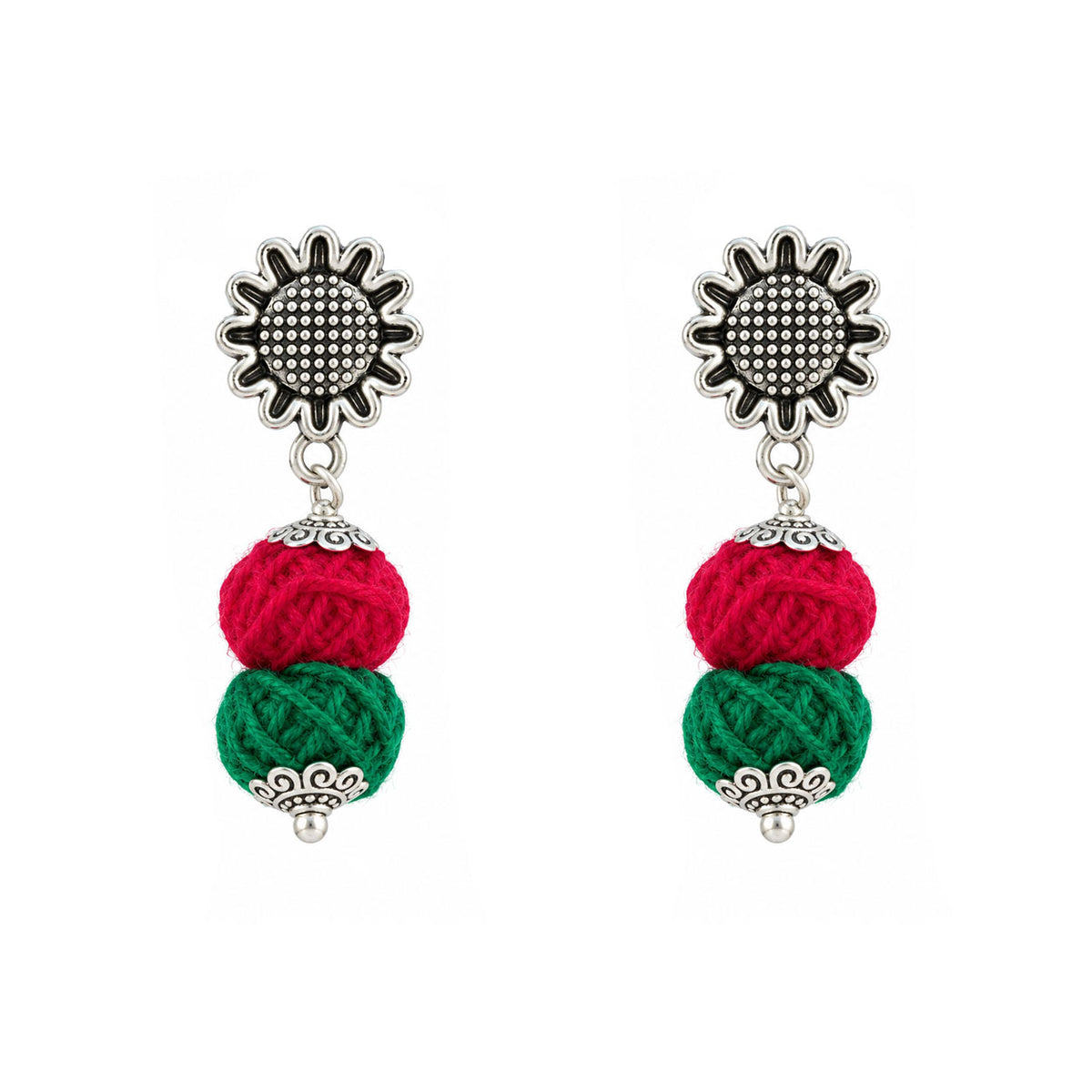 JFL - Jewellery for Less Oxidized German Silver Sun Pendant Multicolor Thread Beads Necklace and Earrings with Bracelet Set for Women | Handmade Cotton Thread Jewellery with Adjustable Black Dori | Navratri Special Tribal Jewellery