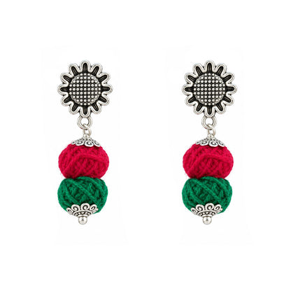 JFL - Jewellery for Less Oxidized German Silver Sun Pendant Multicolor Thread Beads Necklace and Earrings with Bracelet Set for Women | Handmade Cotton Thread Jewellery with Adjustable Black Dori | Navratri Special Tribal Jewellery