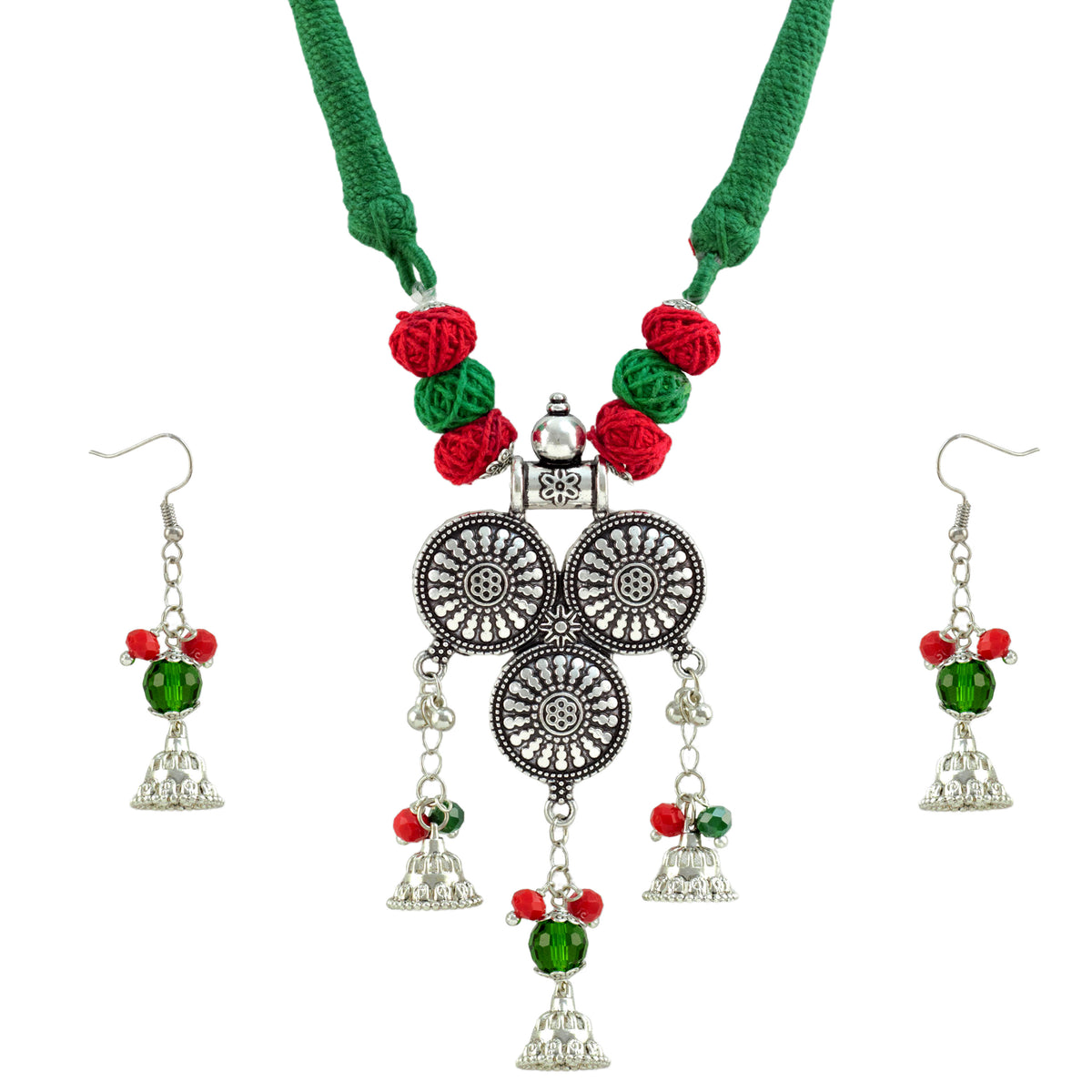 JFL - Jewellery for Less Oxidized Silver Afghani Necklace Set with Red & Green Thread Beads – Tribal Boho Jhumka Earrings – Navratri Traditional Jewellery for Women & Girls