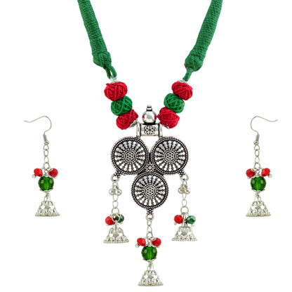 JFL - Jewellery for Less Oxidized Silver Afghani Necklace Set with Red & Green Thread Beads – Tribal Boho Jhumka Earrings – Navratri Traditional Jewellery for Women & Girls