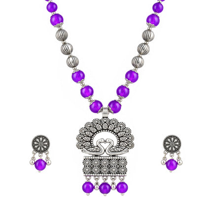 JFL - Jewellery for Less Oxidized German Silver Purple Beads Peacock Pendant Necklace with Earrings Set for Women | Antique Silver Floral Design Jewellery Set | Navratri Special Traditional Jewellery
