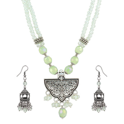 JFL - Jewellery for Less Navratri Necklace Set with Bracelet for Women | German Silver Oxidised Jewellery | Floral Pendant with Mint Green Beads & Sunflower Earrings | Traditional Ethnic Necklace Set for Garba, Dandiya & Festive