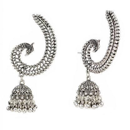 Oxidized Silver-Toned Peacock Ear Cuff Jhumki Earrings – Antique Finish Ear Cuffs with Ghungroo Drops for Women & Girls | Navratri Special