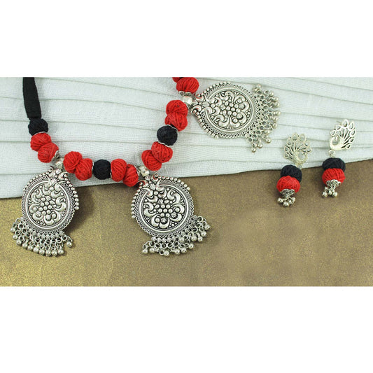 JFL‑Jewellery for Less Red & Black Cotton Thread Jewellery Set – Necklace, Earrings with Oxidised Silver Circular Floral Pendants & Dangling Charms– Women & Girls – Navratri, Garba