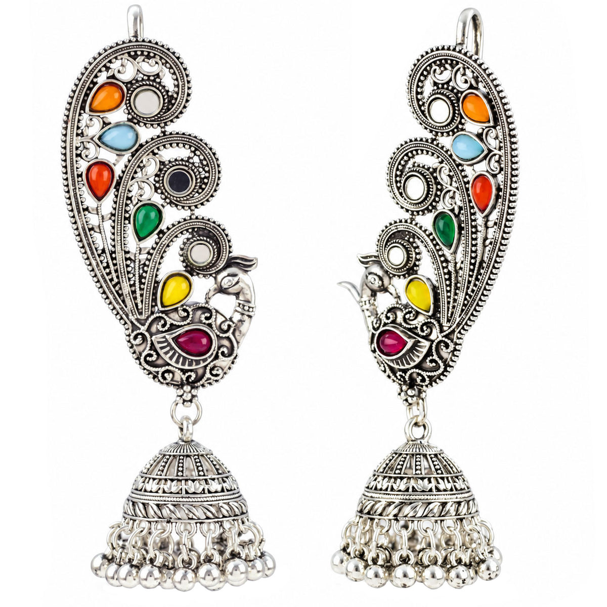 Oxidized Silver-Toned Multicolor Peacock Ear Cuff Jhumki Earrings – Traditional Antique Finish Ear Cuffs with Stone Work for Women & Girls | Navratri Special