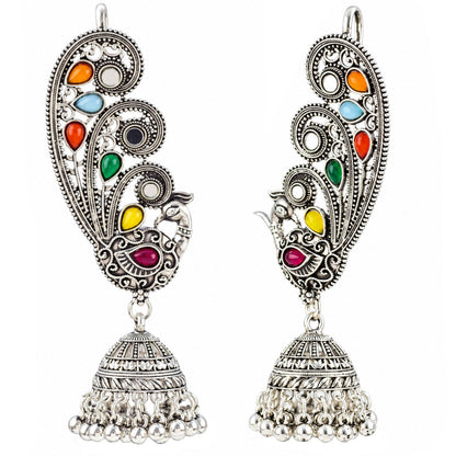 Oxidized Silver-Toned Multicolor Peacock Ear Cuff Jhumki Earrings – Traditional Antique Finish Ear Cuffs with Stone Work for Women & Girls | Navratri Special