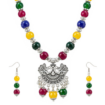 JFL - Jewellery for Less Oxidized German Silver Peacock Pendant Multicolour Beaded Necklace with Earrings Set for Women & Girls | Navratri Special Ethnic Jewellery Set