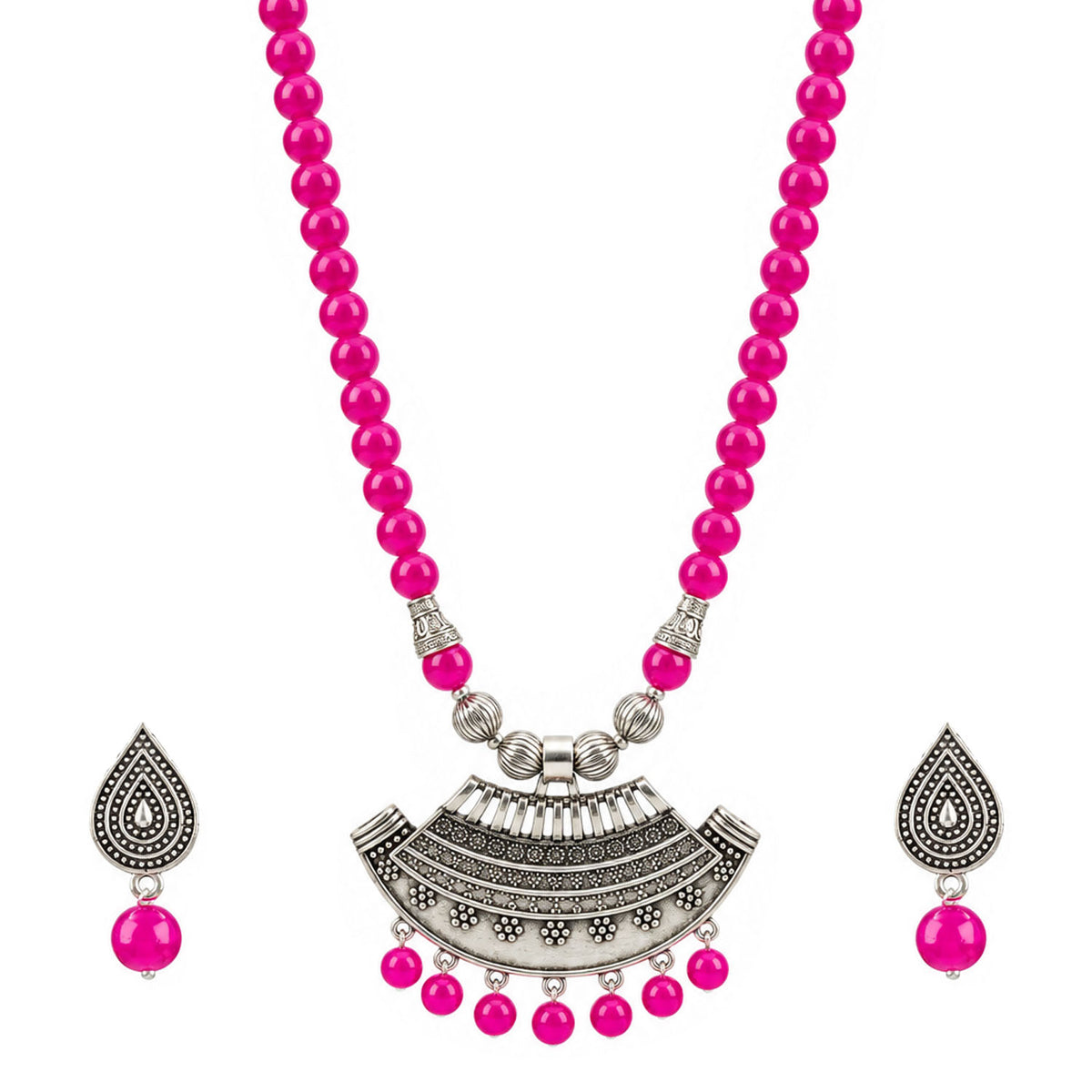 Oxidized German Silver Half Moon Pendant Necklace with Rani Pink Beads and Matching Earrings & Bracelet – Navratri Special Traditional Jewellery Set for Women