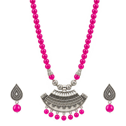 Oxidized German Silver Half Moon Pendant Necklace with Rani Pink Beads and Matching Earrings & Bracelet – Navratri Special Traditional Jewellery Set for Women