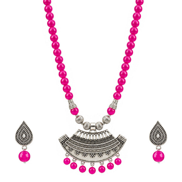 Oxidized German Silver Half Moon Pendant Necklace with Rani Pink Beads and Matching Earrings & Bracelet – Navratri Special Traditional Jewellery Set for Women