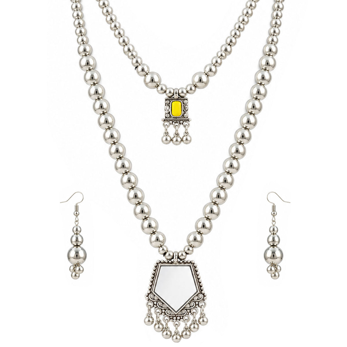 Oxidized German Silver Layered Necklace Set with Yellow Stone & Mirror Pendant, Beaded Drop Earrings – Navratri Special Ethnic Jewellery Set for Women & Girls