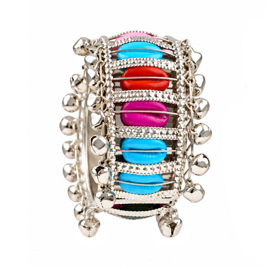 Silver-Tone Multicolor Cowrie Shell Ghungroo Kada for Women – Wide Kada with Hanging Ghungroo Bells | Navratri Special Ethnic Jewellery