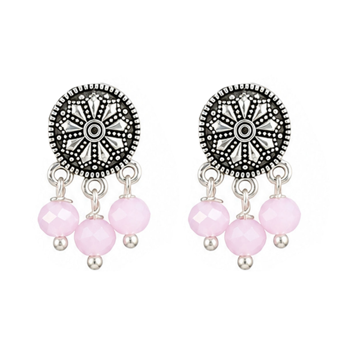 JFL - Jewellery for Less Oxidized German Silver Pink Beads Double Strand Peacock Pendant Necklace with Earrings Set for Women | Antique Silver Design Jewellery Set | Navratri Special Traditional Jewellery