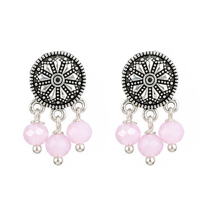 JFL - Jewellery for Less Oxidized German Silver Pink Beads Double Strand Peacock Pendant Necklace with Earrings Set for Women | Antique Silver Design Jewellery Set | Navratri Special Traditional Jewellery