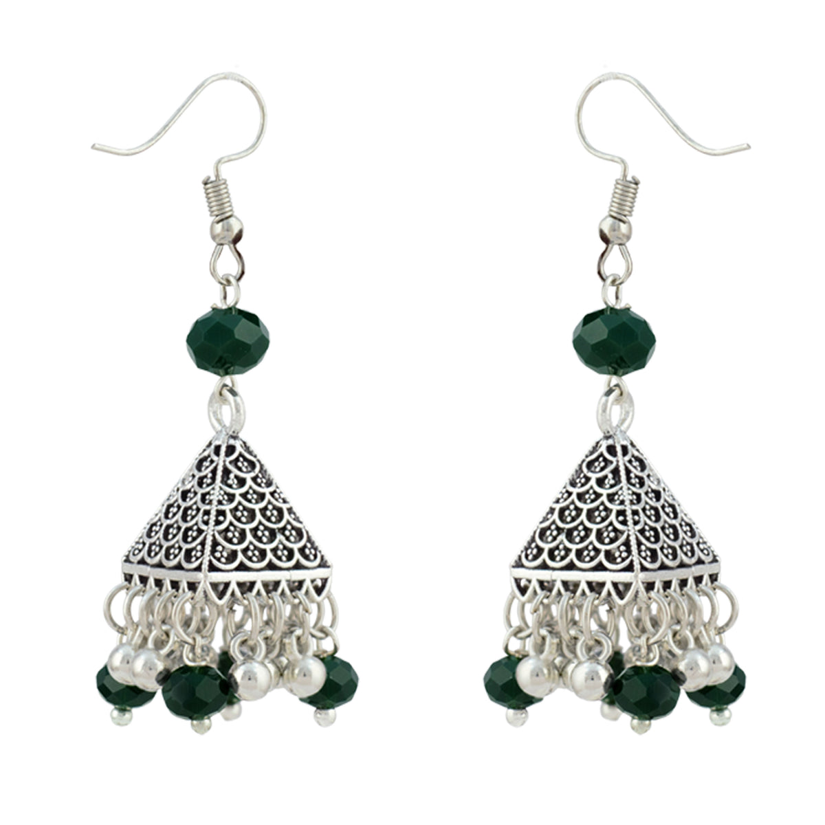 JFL - Jewellery for Less Oxidized German Silver Radha Krishna Pendant Necklace Set and Jhumka Earrings with Bracelet for Women | Dark Green Beaded Traditional Ethnic Jewellery Set | Navratri Festive