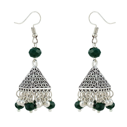JFL - Jewellery for Less Oxidized German Silver Radha Krishna Pendant Necklace Set and Jhumka Earrings with Bracelet for Women | Dark Green Beaded Traditional Ethnic Jewellery Set | Navratri Festive