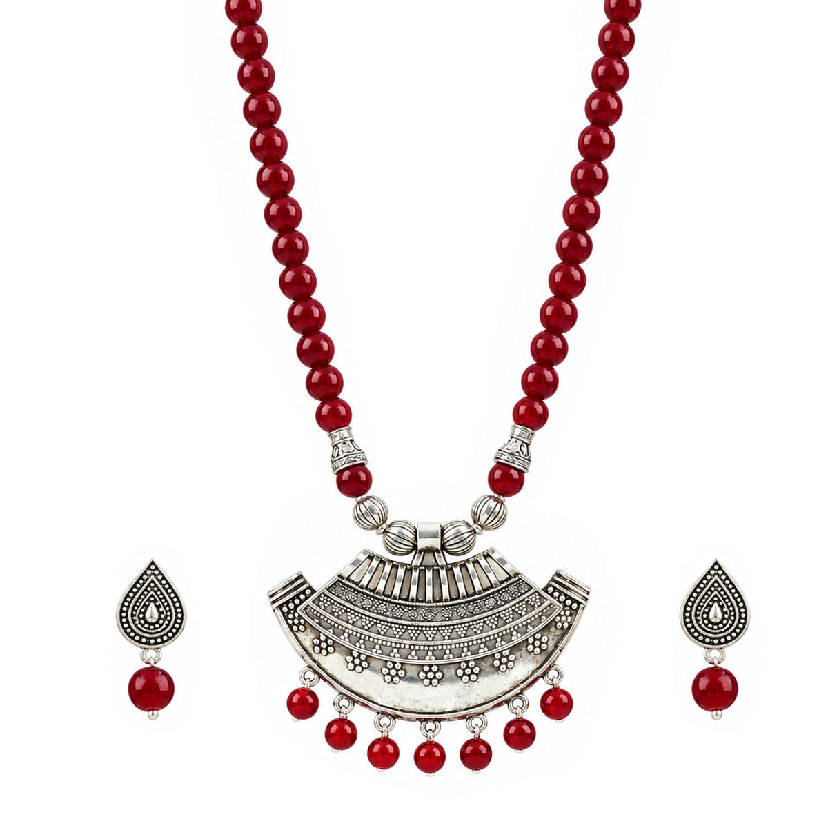 Oxidized German Silver Half Moon Pendant Necklace with Maroon Beads and Matching Earrings & Bracelet – Navratri Special Traditional Jewellery Set for Women