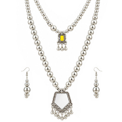 Oxidized German Silver Layered Necklace Set with Yellow Stone & Mirror Pendant, Beaded Drop Earrings, Bracelet – Navratri Special Ethnic Jewellery Set for Women & Girls