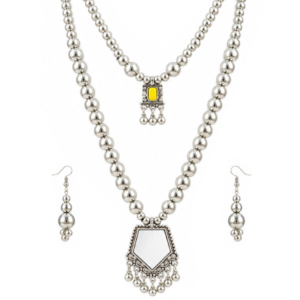 Oxidized German Silver Layered Necklace Set with Yellow Stone & Mirror Pendant, Beaded Drop Earrings, Bracelet – Navratri Special Ethnic Jewellery Set for Women & Girls