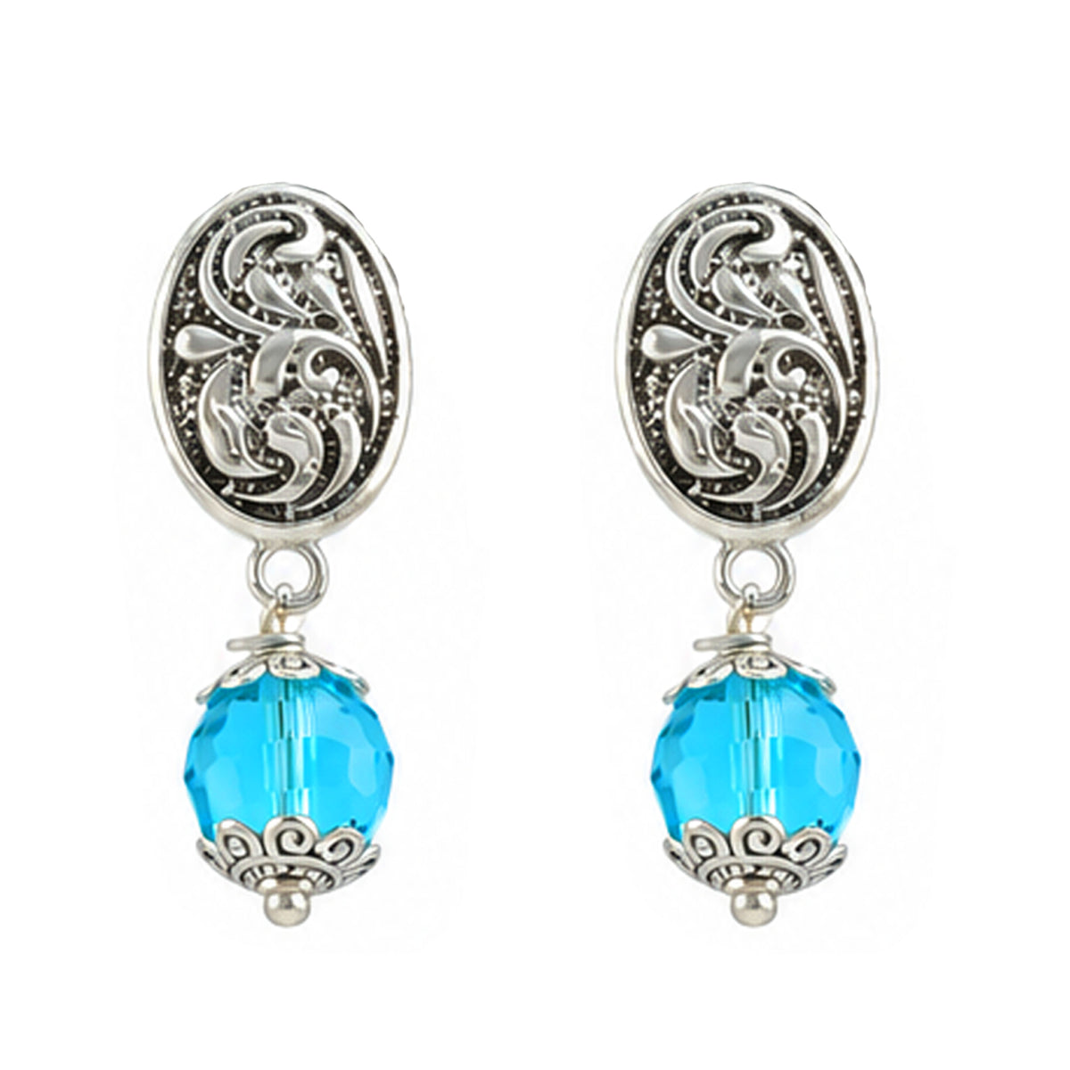 JFL - Jewellery for Less Oxidized Silver Floral Pendant Sky Blue Beaded Necklace Earrings with Bracelet Set for Women – Navratri Special Traditional Jewellery Set