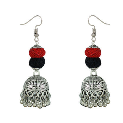 JFL‑Jewellery for Less Red & Black Cotton Thread Jewellery Set – Necklace,2 Pairs of Earrings with Oxidised Silver Circular Floral Pendant, Jhumka Danglers & Bead Drops –Navratri,Garba