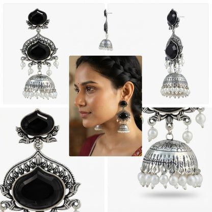 JFL - Jewellery for Less Oxidized Silver-Toned Jhumka Earrings with Black Stone and Pearl Drops – Traditional Ethnic Jewellery for Women