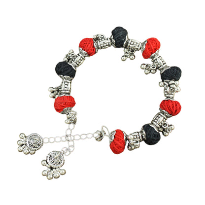 JFL‑Jewellery for Less Red & Black Thread Beaded Jewellery Set – Necklace, Earrings & Bracelet with Oxidised Silver Circular Floral Pendants & Dangling Charms– Women & Girls – Navratri, Garba