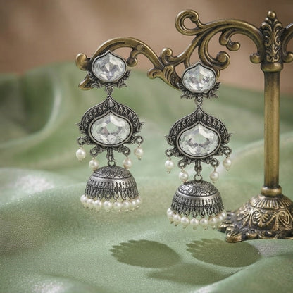 JFL - Jewellery for Less Oxidized Silver-Toned Jhumka Earrings with White Stone and Pearl Drops – Traditional Ethnic Jewellery for Women